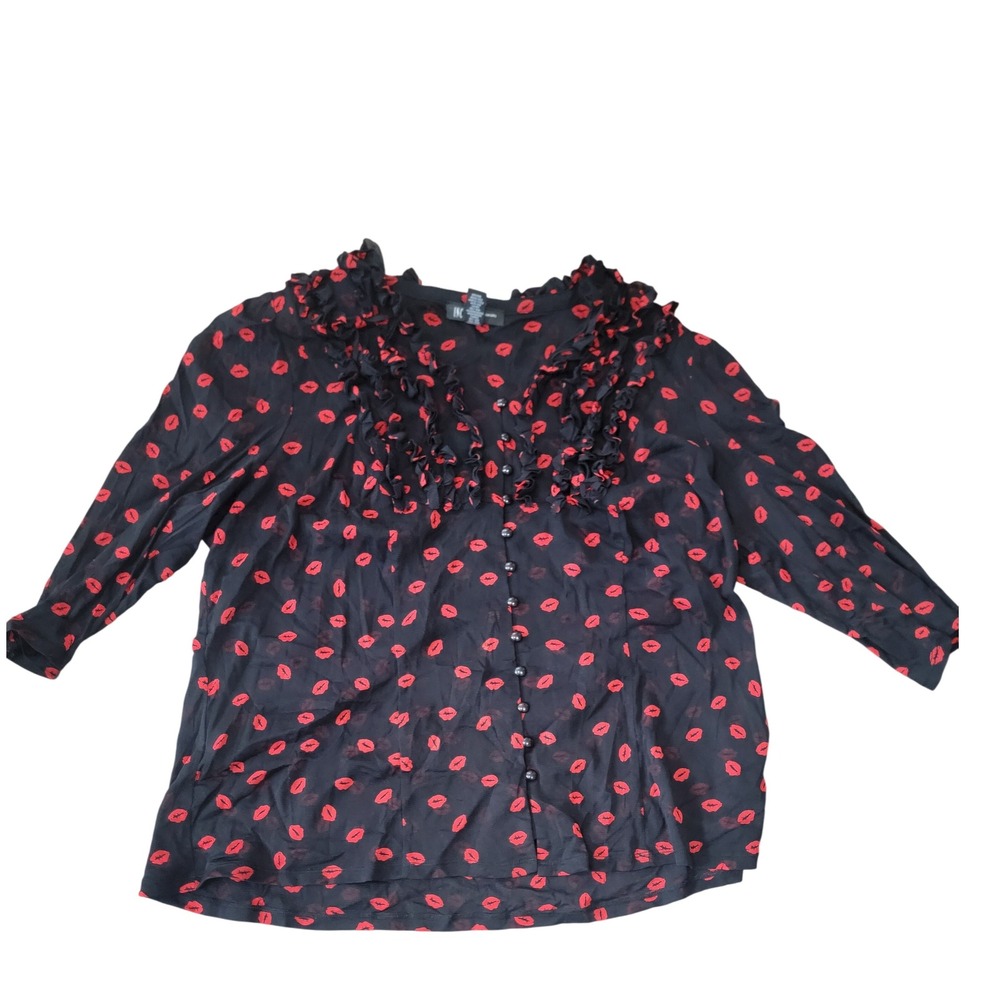 INC International Concepts Red Lip Print‎ Mesh Ruffle Blouse Black 2X Plus Size